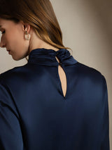 [Mørke blå] SilkSilky-NO Long Sleeve Keyhole Neck Damebluser 004
