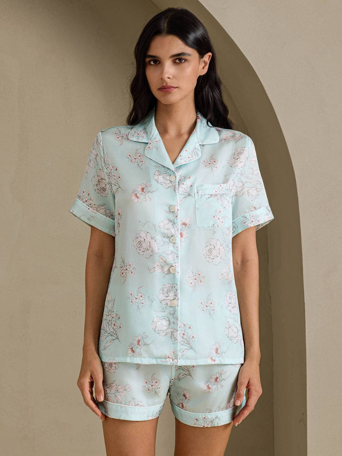 [Himmelsblå Blomster] SilkSilky-NO Short Sleeve Notch Collar Pyjamas for Kvinner 001