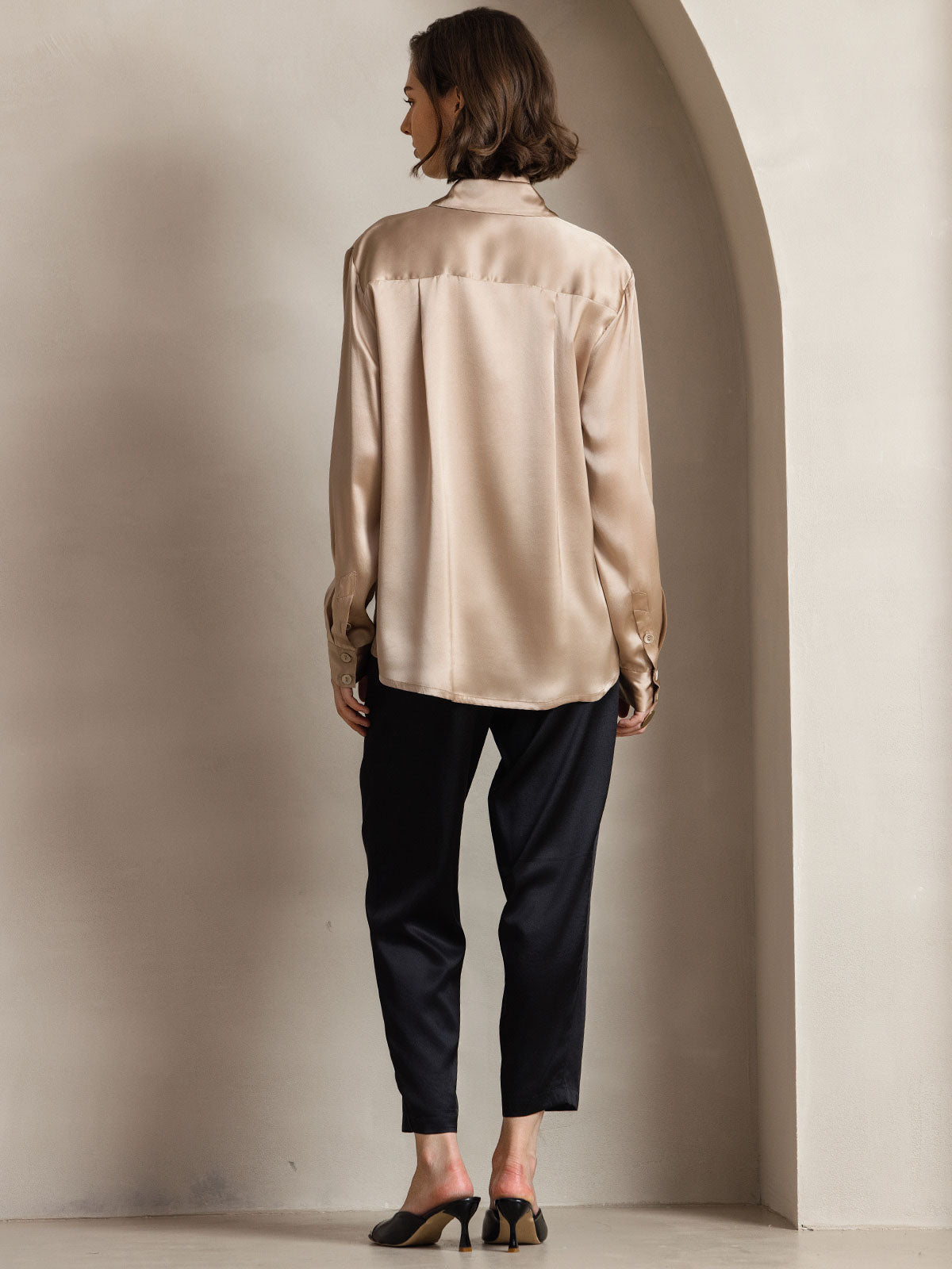 [Champagne] SilkSilky-NO Silke Long Sleeve Collar Skjorte for Kvinner 002