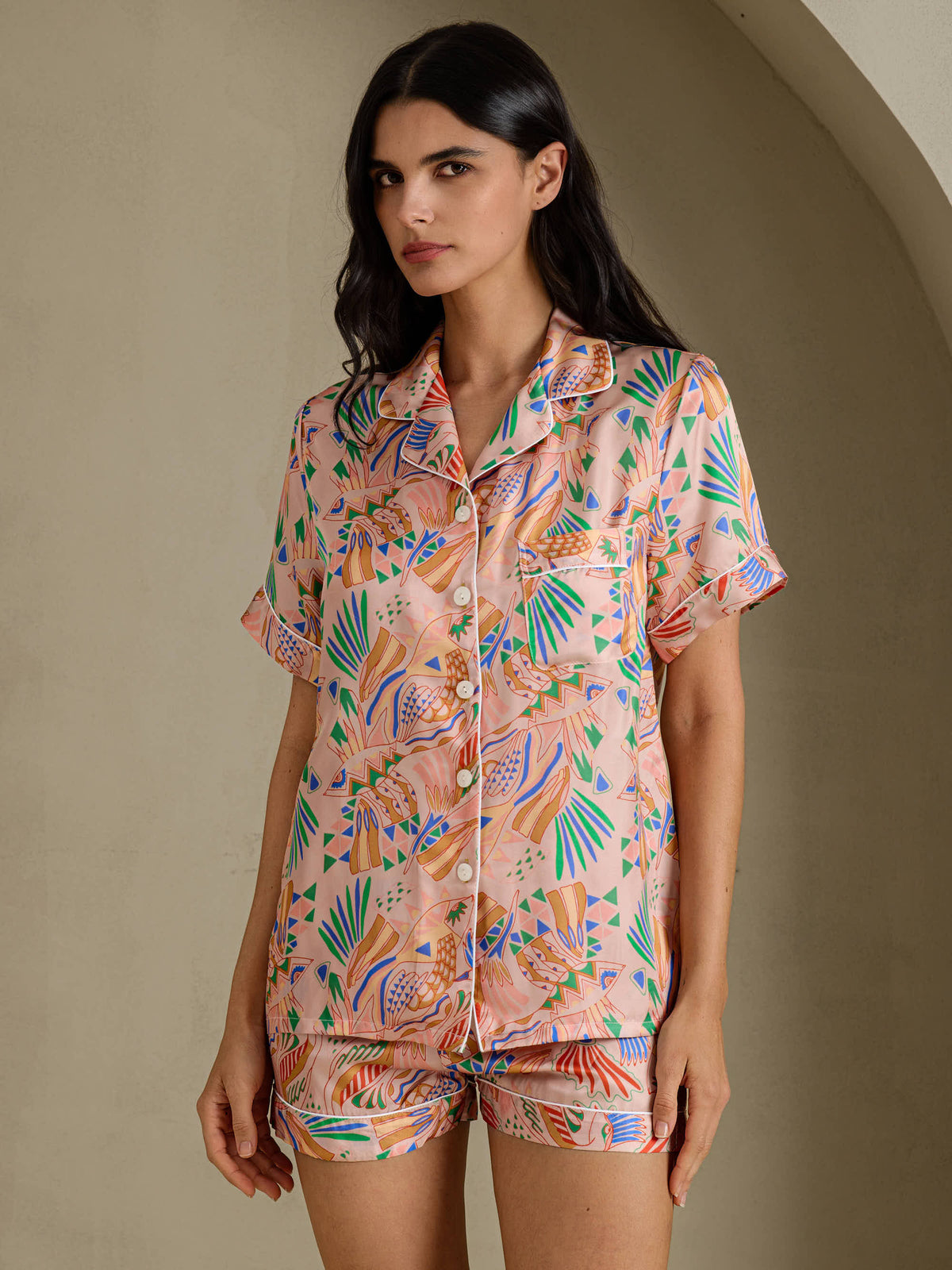 [Rosa Fauna] SilkSilky-NO Short Sleeve Notch Collar Pyjamas for Kvinner 001