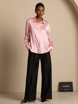 [Rosa Stripe] SilkSilky-NO Long Sleeve Lapel Collar Skjorte for Kvinner 011
