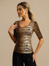[Tiger] SilkSilky-NO Halv erme Dyp Rund Halsutringning T-skjorte for Kvinner 003