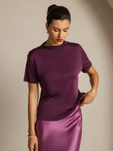 [Lilla] SilkSilky-NO 100% Silk Jersey Short Sleeve Falsk Krage T-skjorte for Kvinner 006