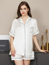 [Hvit] SilkSilky-NO Short Sleeve Lapel Collar Pyjamas for Kvinner 001
