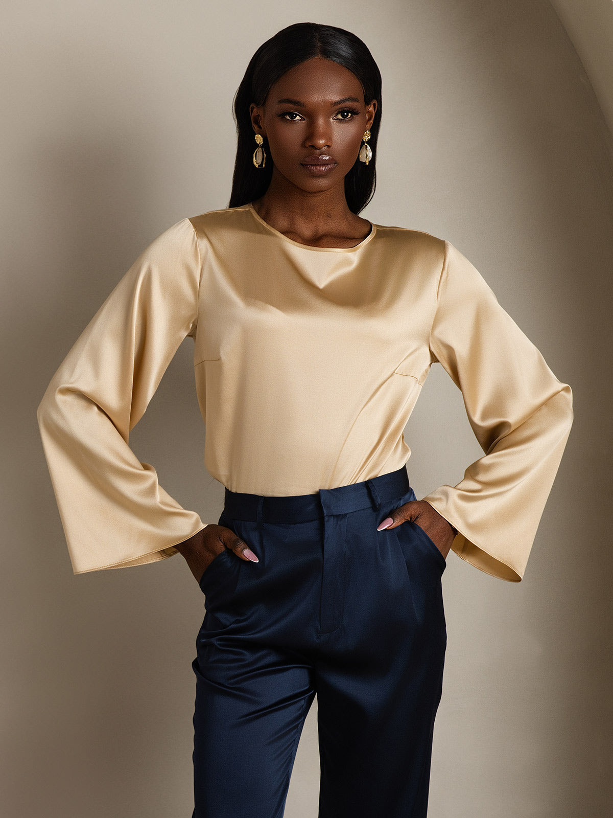[Champagne] SilkSilky-NO 19Momme Silke Womens T-Shirt 002