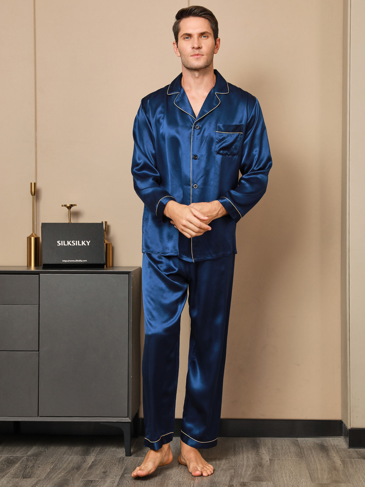[Mørke blå] SilkSilky-NO 19Momme Mens Pajamas 004