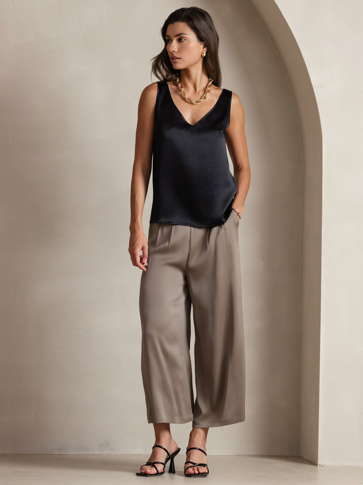 [Svart] SilkSilky-NO 19Momme Silke V-Hals Camisole Topp 007