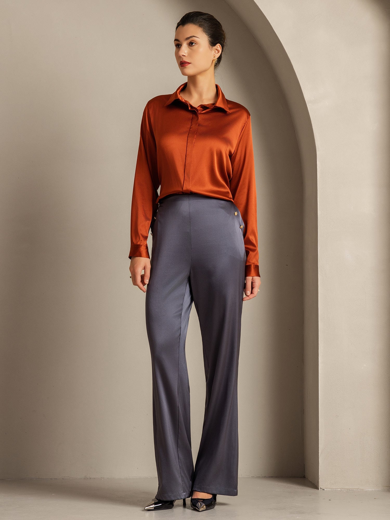 [Karamell] SilkSilky-NO 19Momme Silke Womens Shirt 009