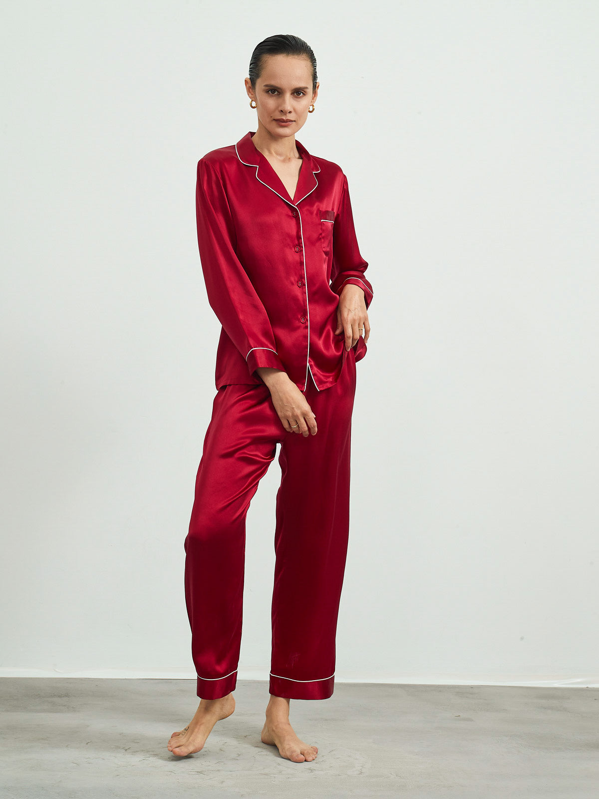 SilkSilky  Pure Silk Long Sleeve Lapel Women's Pajamas DarkRed 006