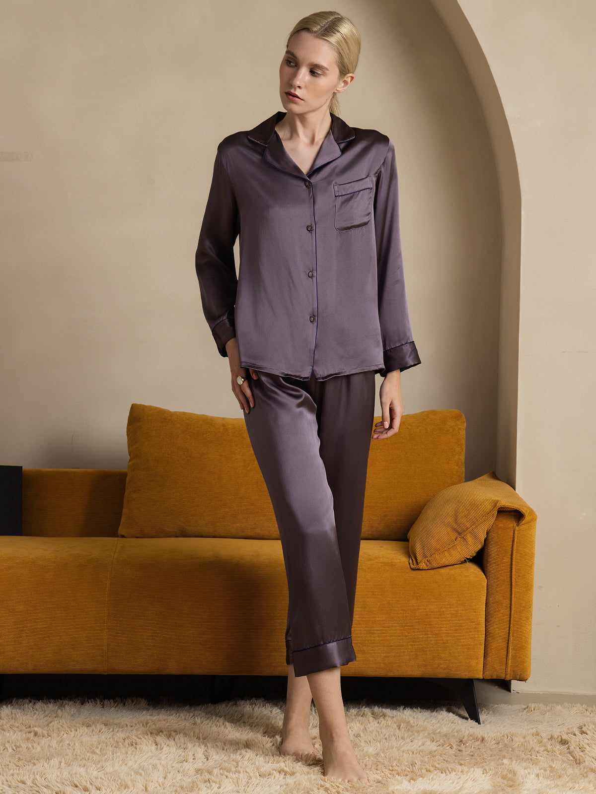 [Lilla Grå] SilkSilky-NO Pure Silk Long Sleeve Lapel Pyjamas for Kvinner 007
