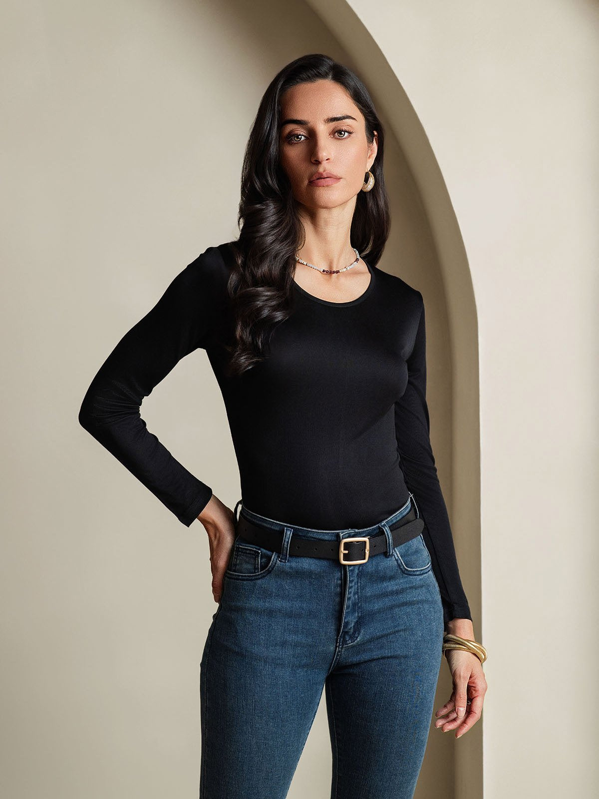 [Svart] SilkSilky-NO Silke Long Sleeve Round Neck T-skjorte for Kvinner 001