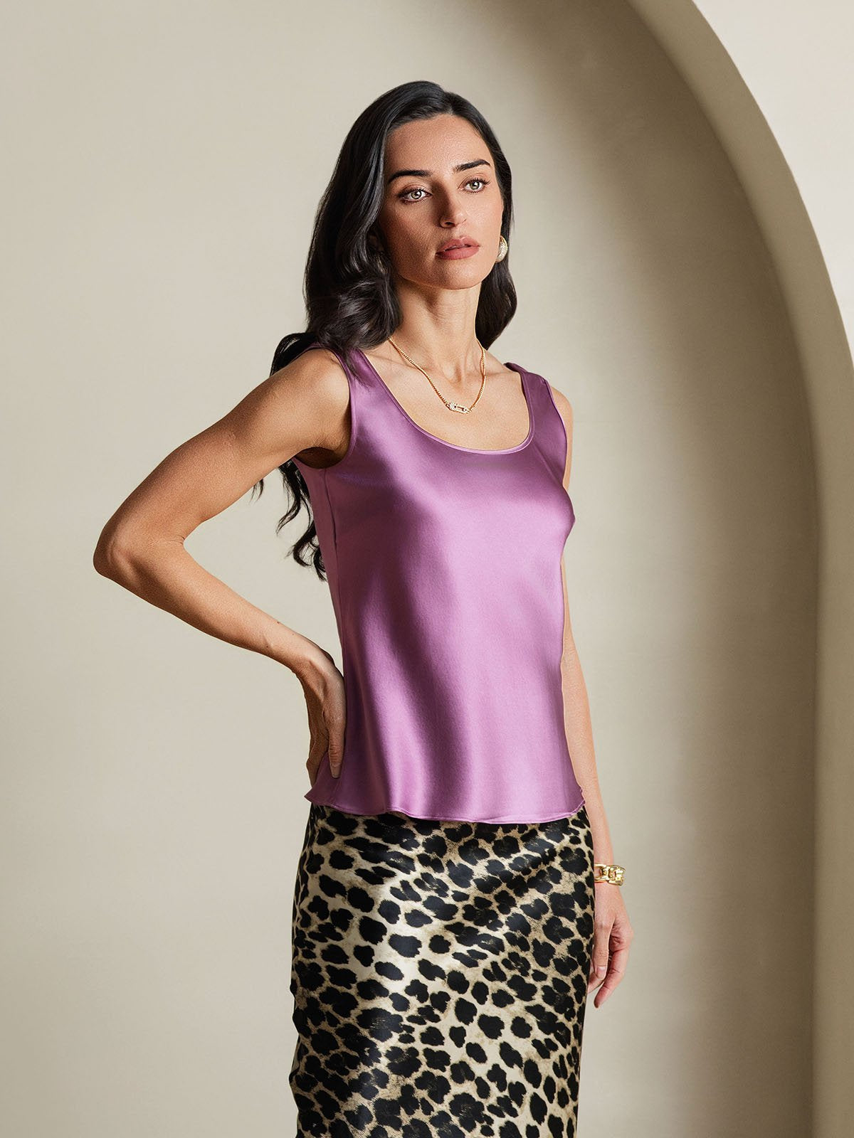 [Mørklilla] SilkSilky-NO 19Momme Silke U-hals Camisole Topp 006