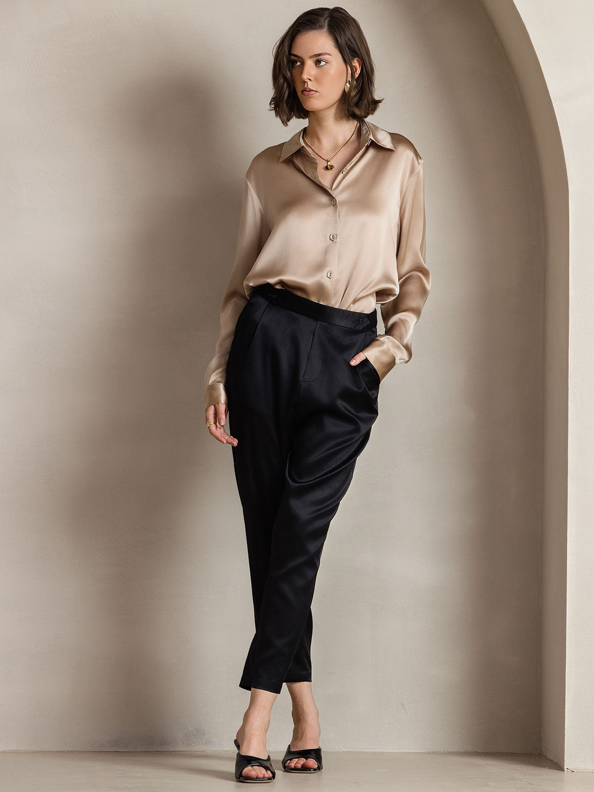 [Champagne] SilkSilky-NO Silke Lapel Collar Skjorte for Kvinner 009