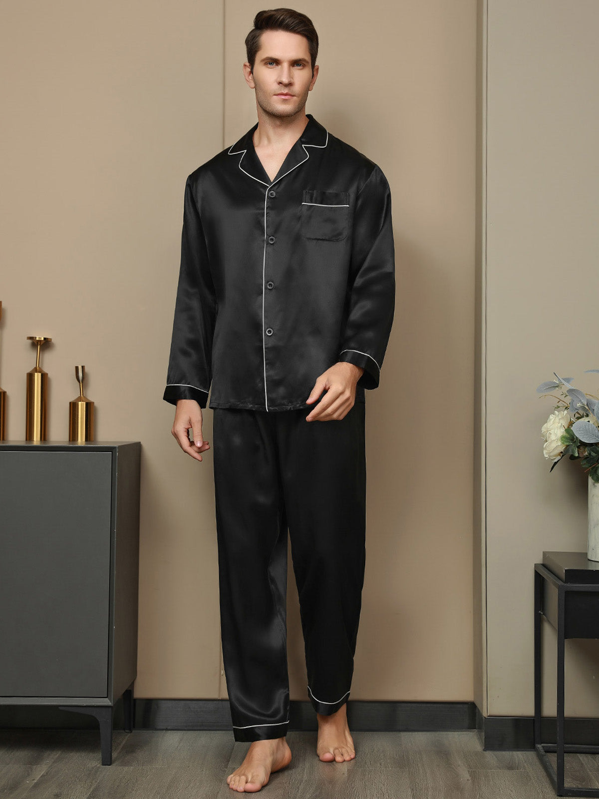 [Svart] SilkSilky-NO 19Momme Mens Pajamas 006