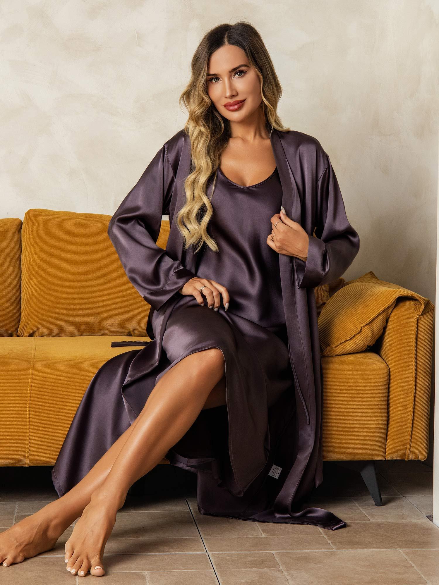 [Lilla Grå] SilkSilky-NO Silke Nightgown&Robe Set 007