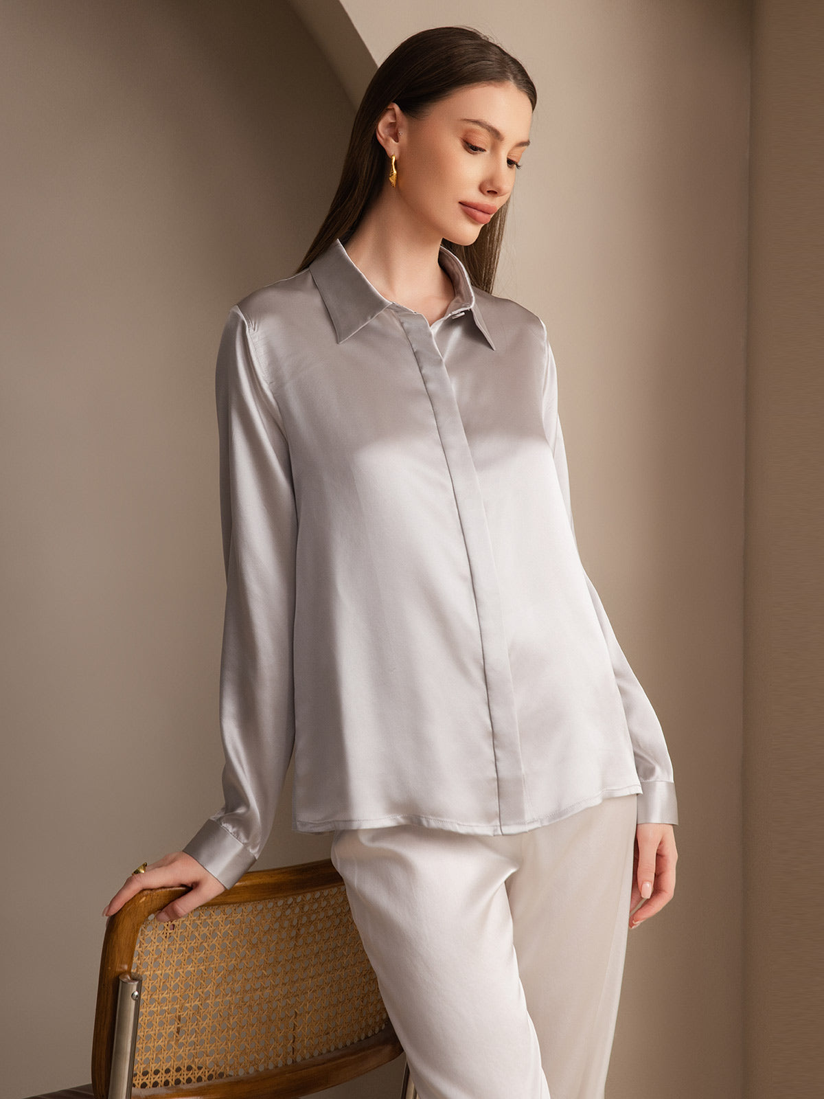 [Lysegrå] SilkSilky-NO 19Momme Silke Lapel Collar Skjorte for Kvinner 007