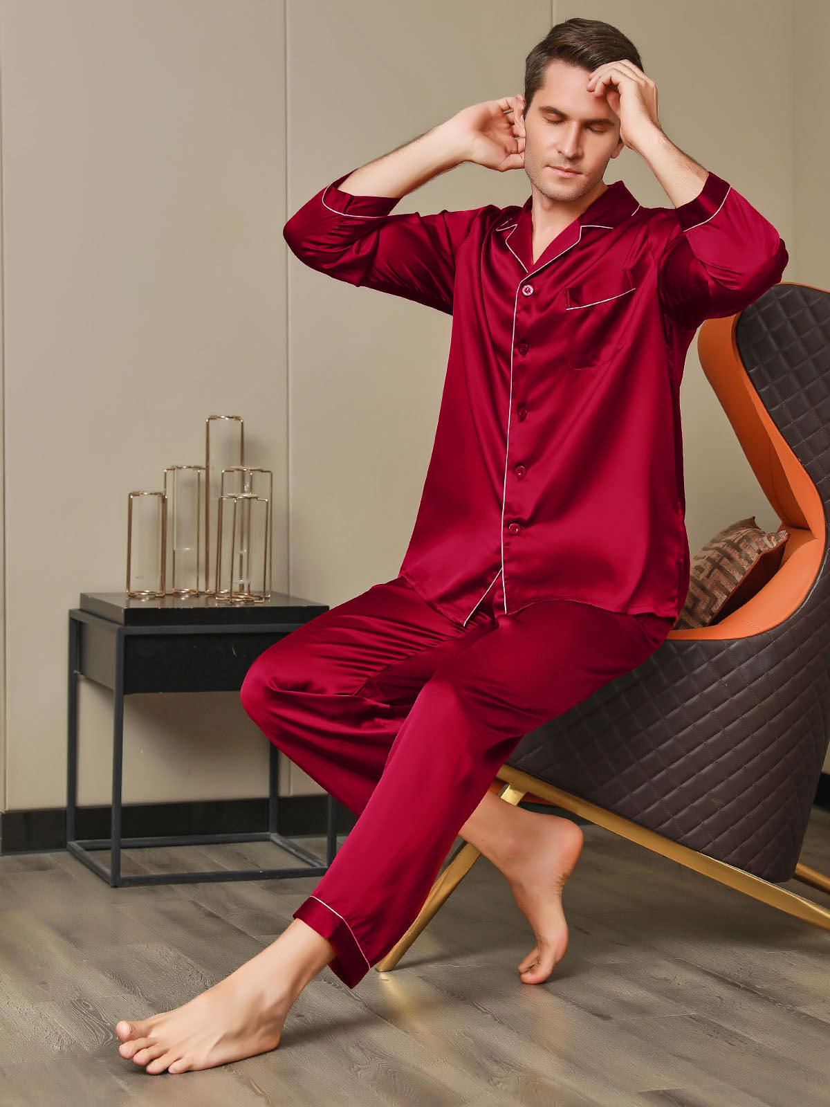 [Rød] SilkSilky-NO 19Momme Mens Pajamas 005