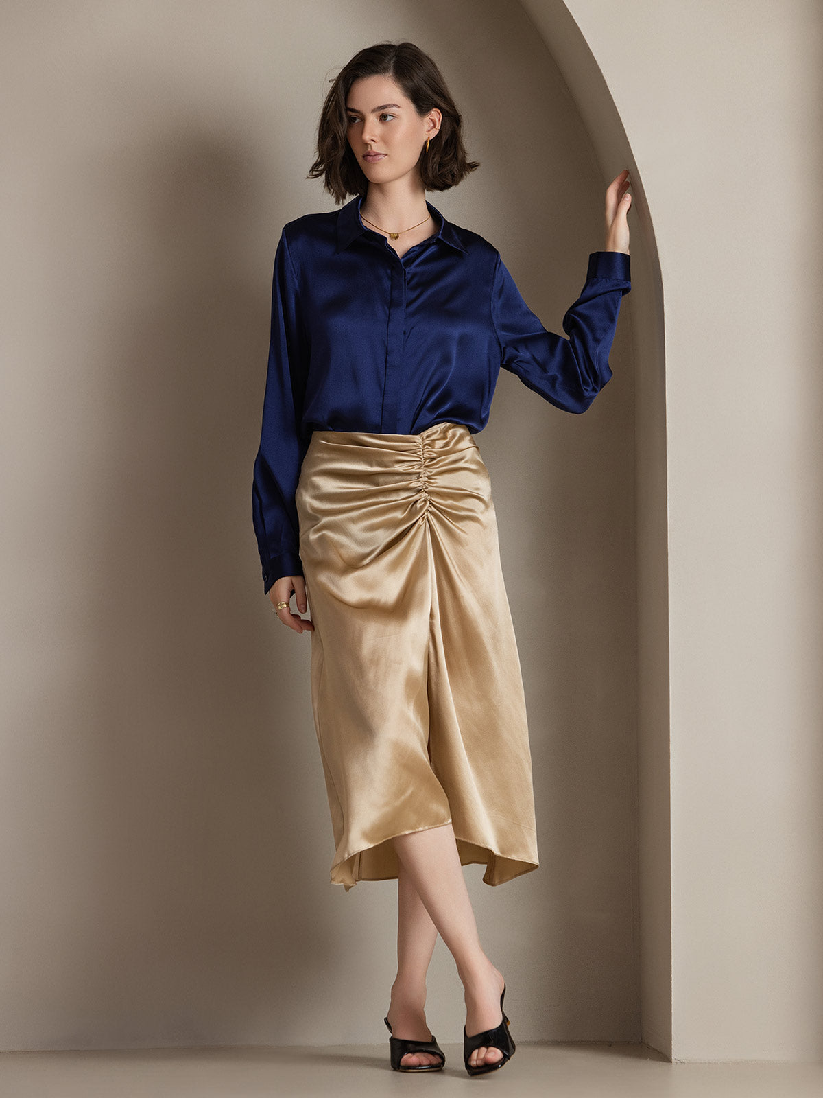 [Mørke blå] SilkSilky-NO 19Momme Silke Lapel Collar Skjorte for Kvinner 001