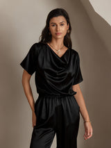 [Svart] SilkSilky-NO Short Sleeve Cowl Neck Damebluser 001