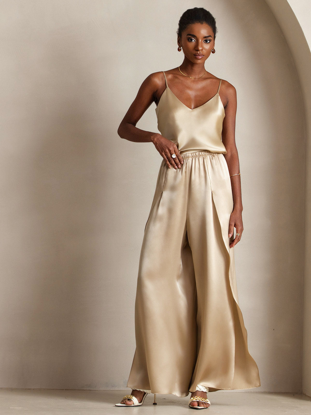 [Champagne] SilkSilky-NO V-Hals Camisole Topp 006