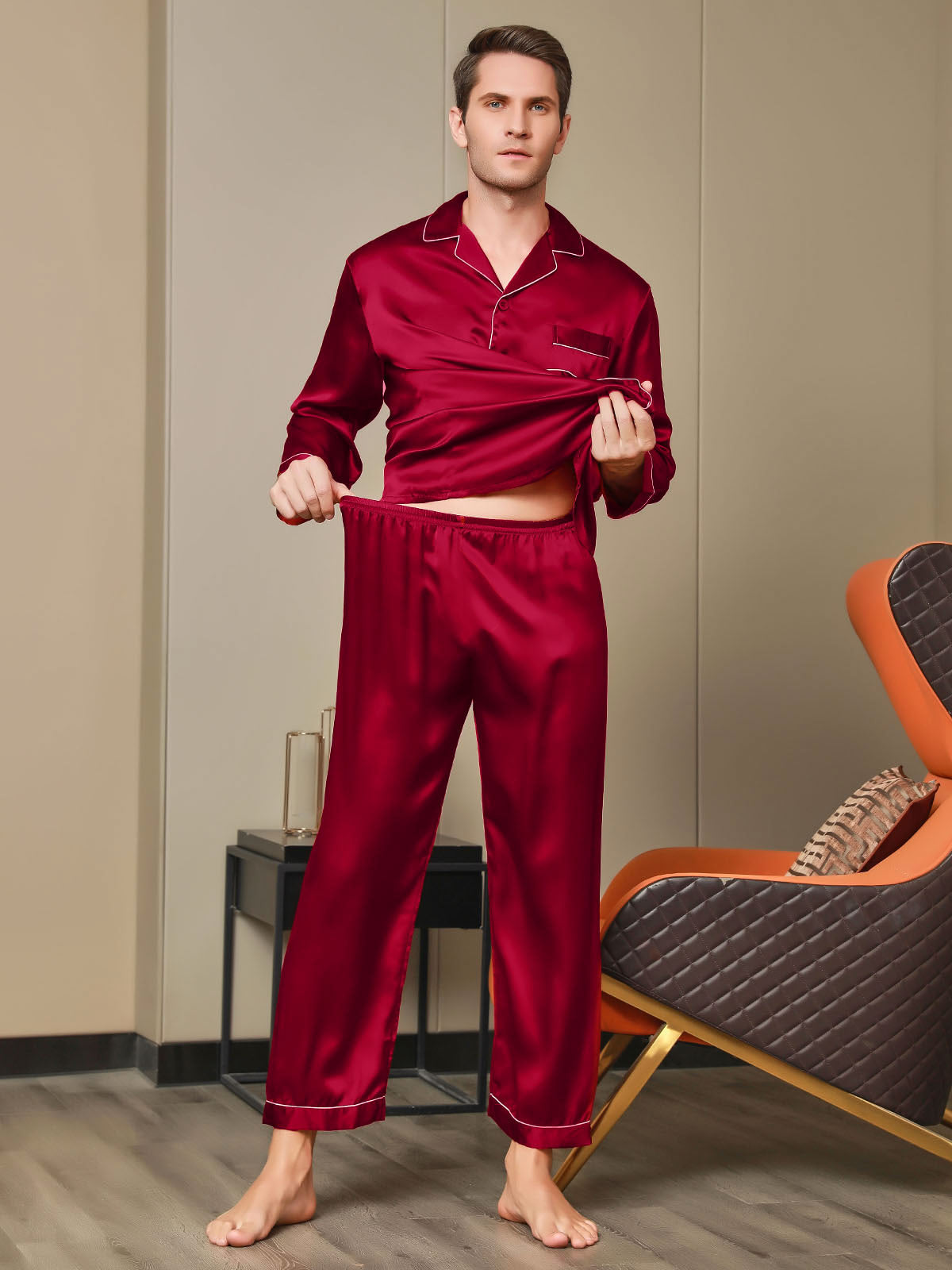 [Rød] SilkSilky-NO 19Momme Mens Pajamas 007