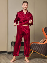 [Rød] SilkSilky-NO Long Sleeve Lapel Collar Pyjamas for menn 007