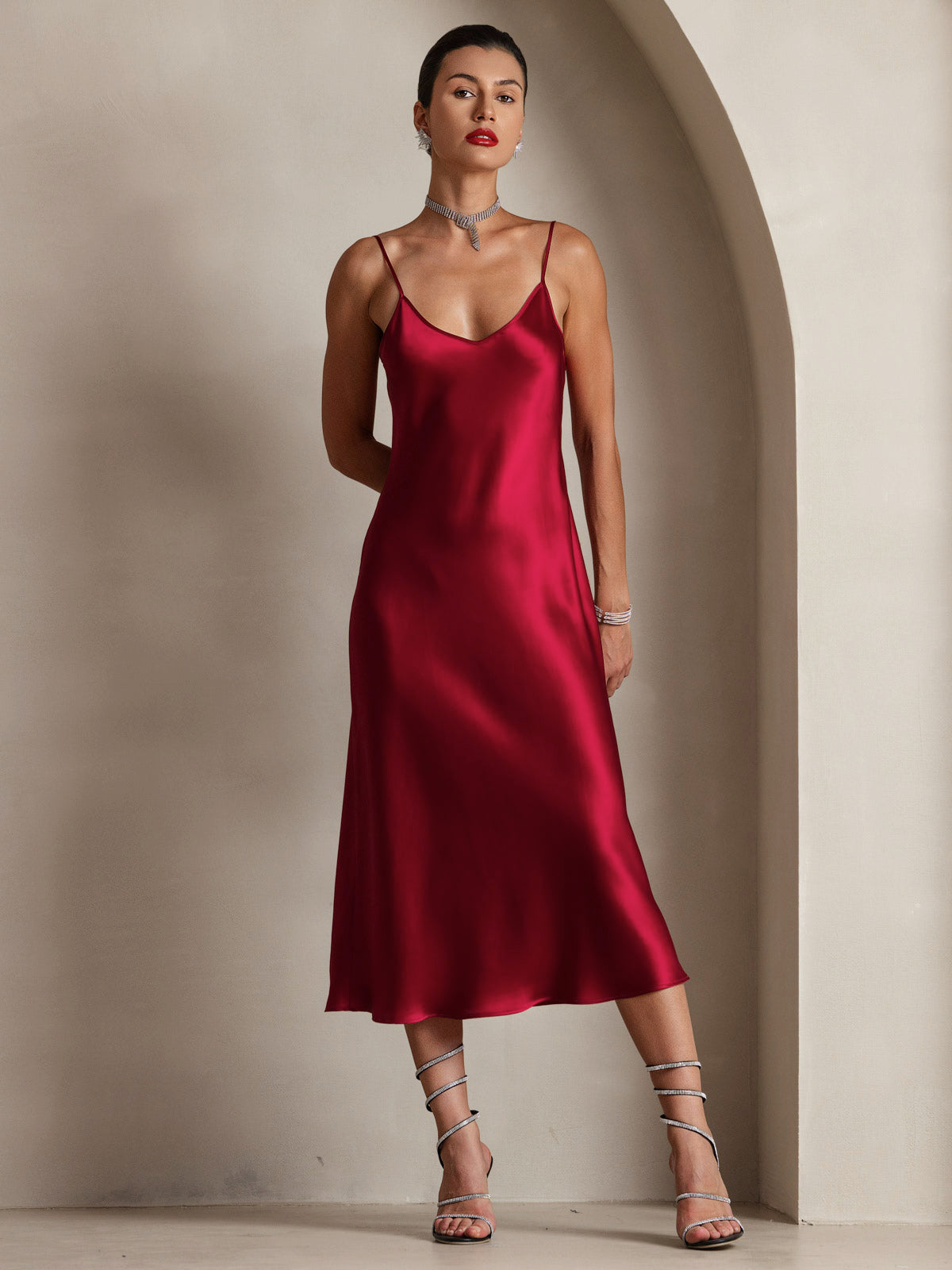 SilkSilky  Pure Silk Sleeveless Round Neck Dress Wine 001