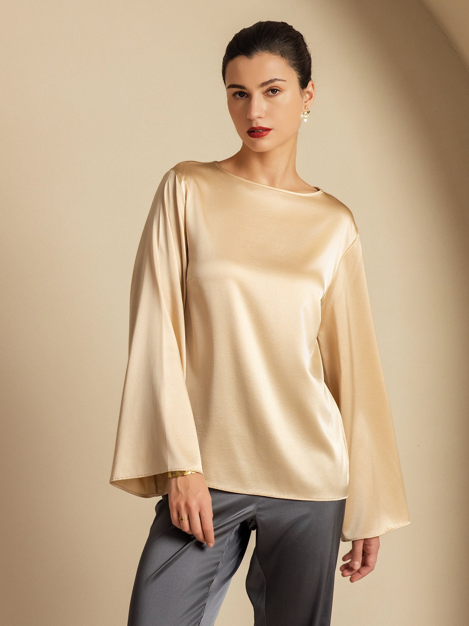 [Champagne] SilkSilky-NO 19Momme Silke Womens T-Shirt 006