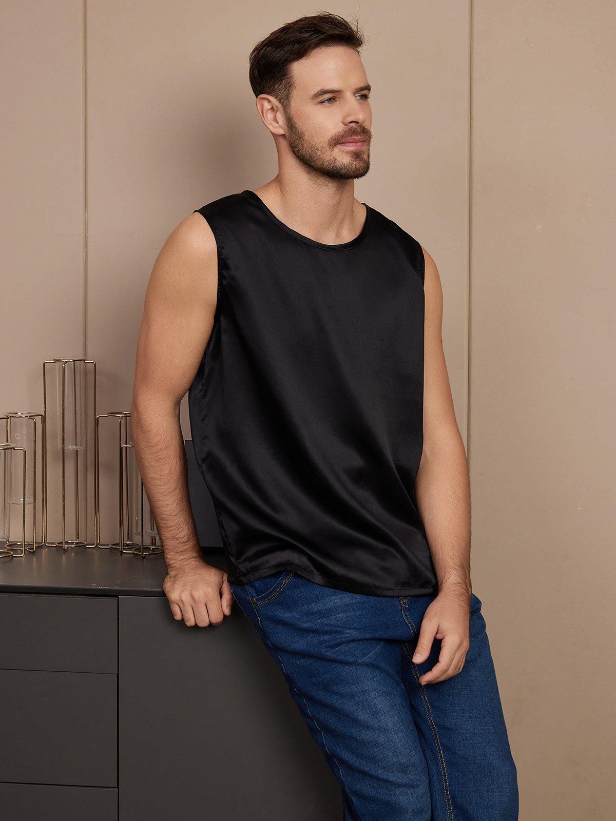 SilkSilky US Pure Silk Sleeveless Mens T Shirt Black 004