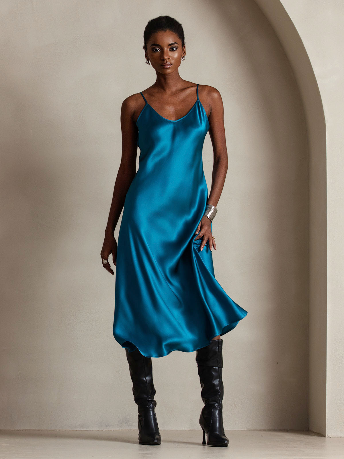 [Blågrønn] SilkSilky-NO Pure Silk Sleeveless Round Neck Kjole 006
