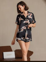 [Svart] SilkSilky-NO Short Sleeve Lapel Collar Pyjamas for Kvinner 005