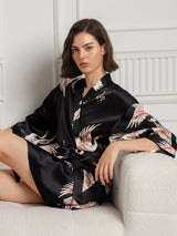 [Svart] SilkSilky-NO 19Momme 3/4 erme Morgenkåpe for Kvinner 003