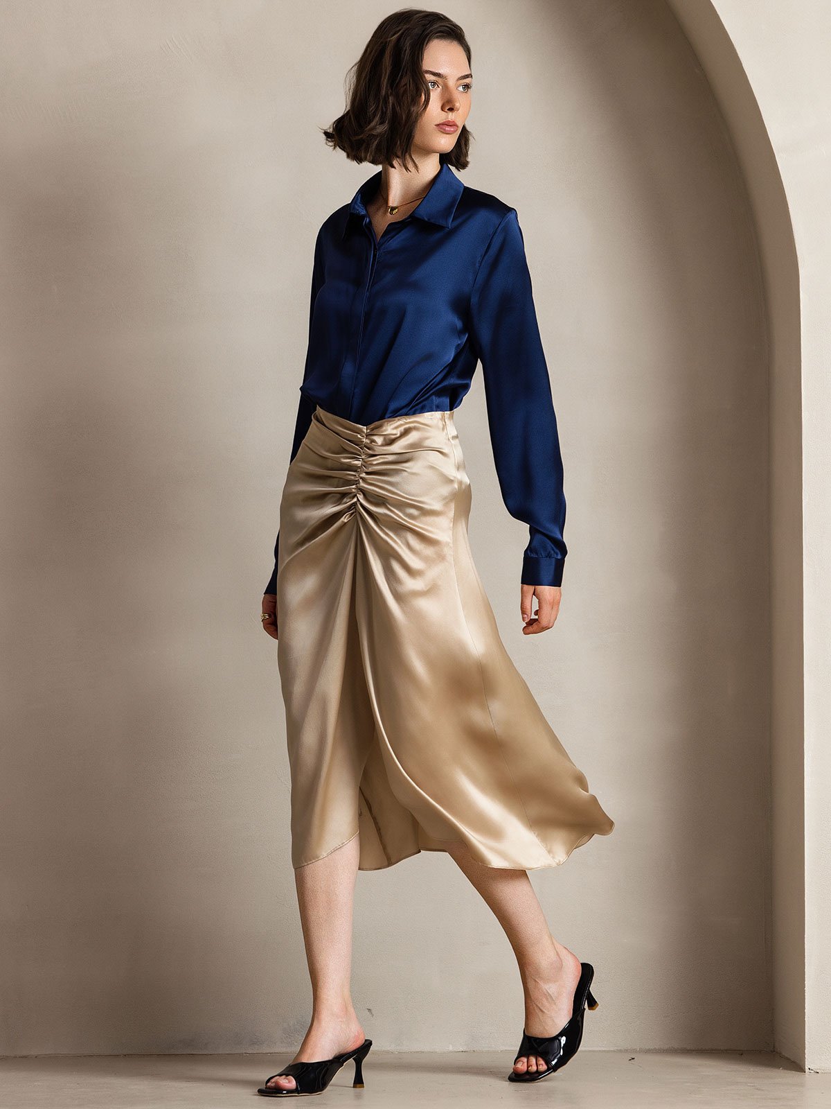 [Mørke blå] SilkSilky-NO 19Momme Silke Womens Shirt 006