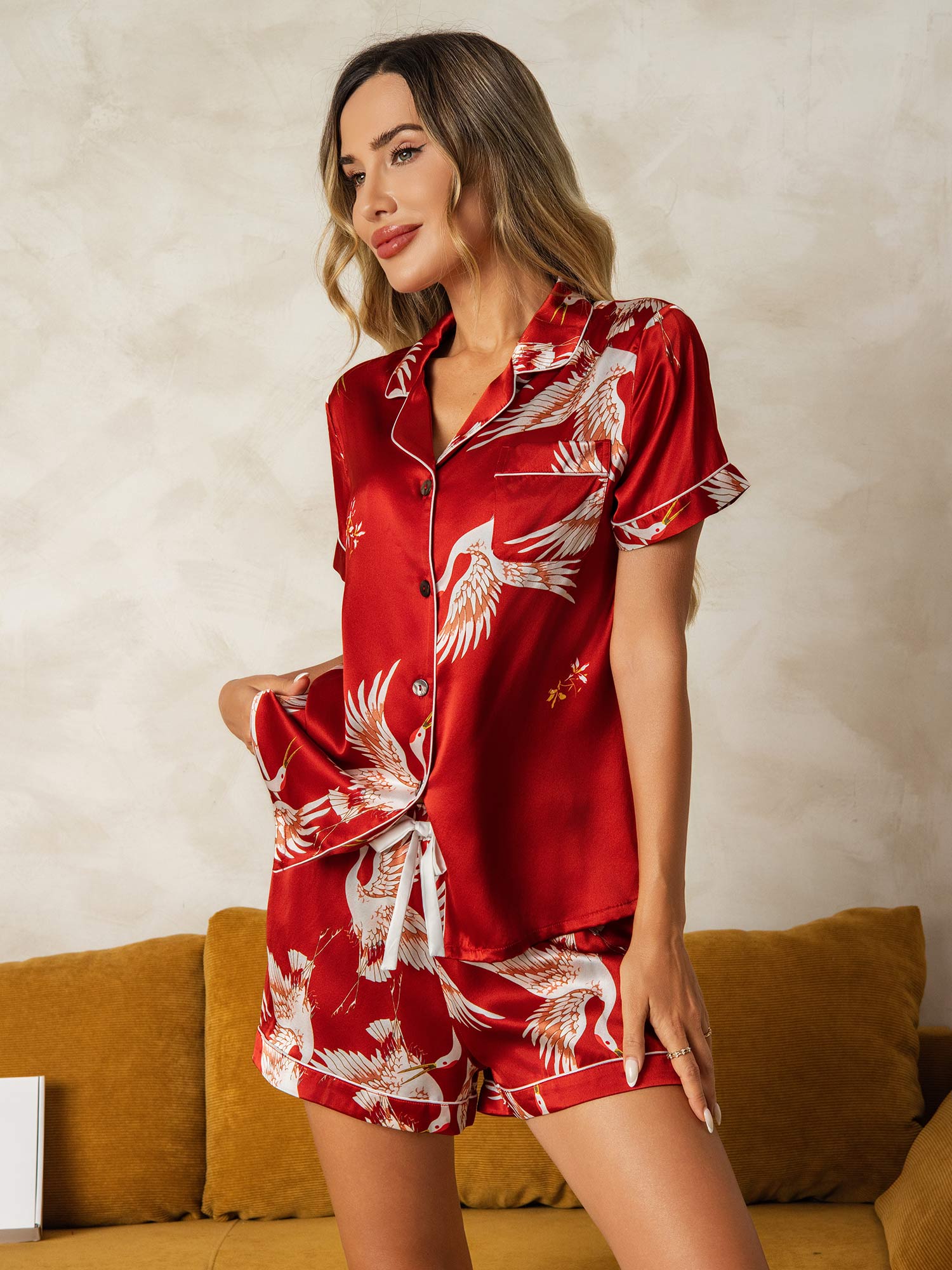 [Mørkerød] SilkSilky-NO 19Momme Womens Pajamas 005