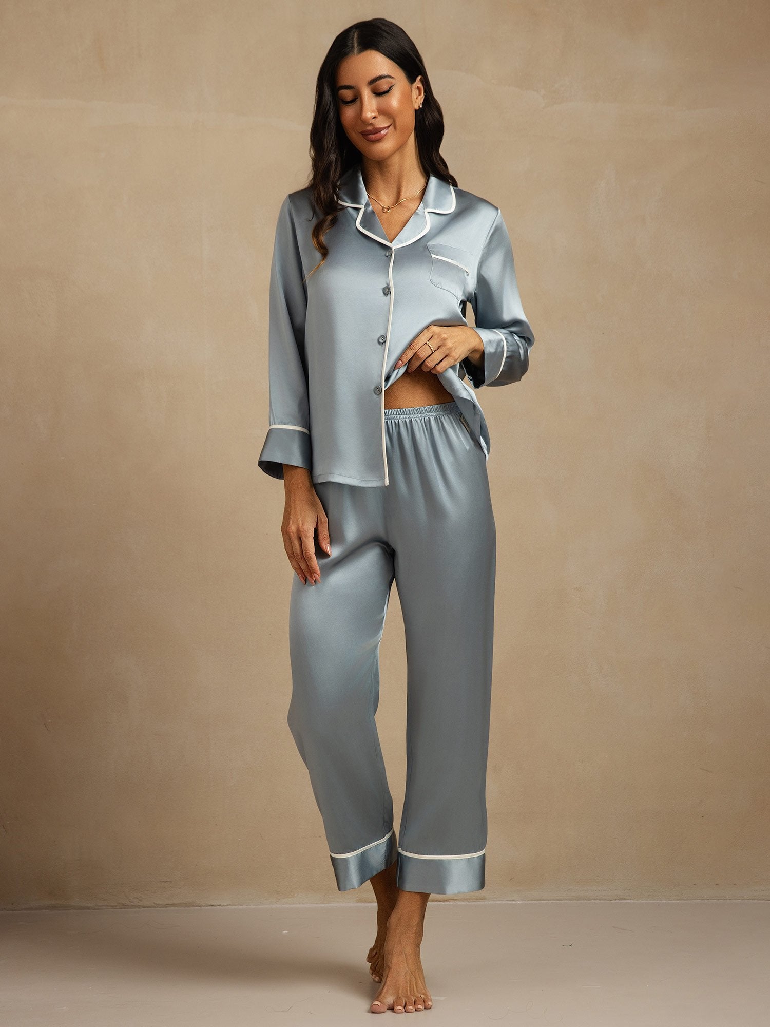[Gråblå] SilkSilky-NO Silke Womens Pajamas 001