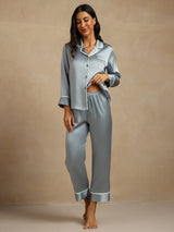 [Gråblå] SilkSilky-NO Long Sleeve Lapel Collar Pyjamas for Kvinner 001