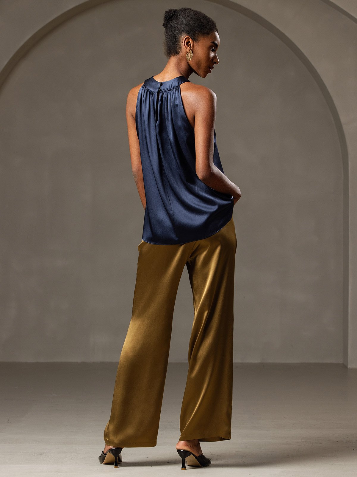 [Mørke blå] SilkSilky-NO 19Momme Silke Womens T-Shirt 002