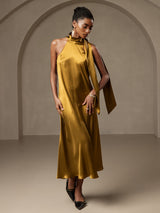 [Brun] SilkSilky-NO Sleeveless Halterneck Kjole 001