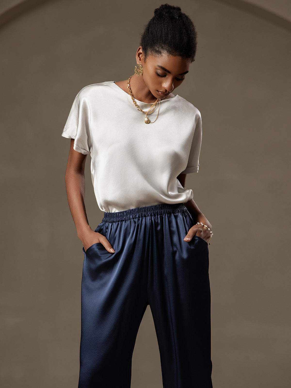 [Lysegrå] SilkSilky-NO 19Momme Silke Womens T-Shirt 005,