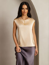 [Champagne] SilkSilky-NO Cap Sleeve Round Neck T-skjorte for Kvinner 001