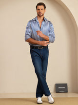 [Marine Stripe] SilkSilky-NO 19Momme Langermet Slagkrage Skjorte for Menn 008