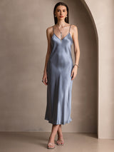 [Gråblå] SilkSilky-NO Spaghetti Strap V Neck Kjole 005