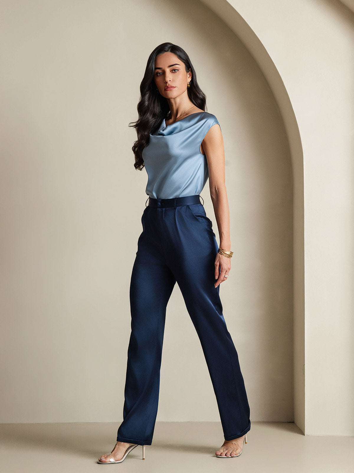 [Gråblå] SilkSilky-NO 19Momme Silke Womens T-Shirt 008