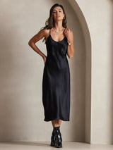[Svart] SilkSilky-NO Spaghetti Strap V Neck Kjole 004
