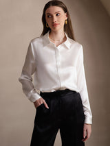 [Hvit] SilkSilky-NO Long Sleeve Lapel Collar Skjorte for Kvinner 005