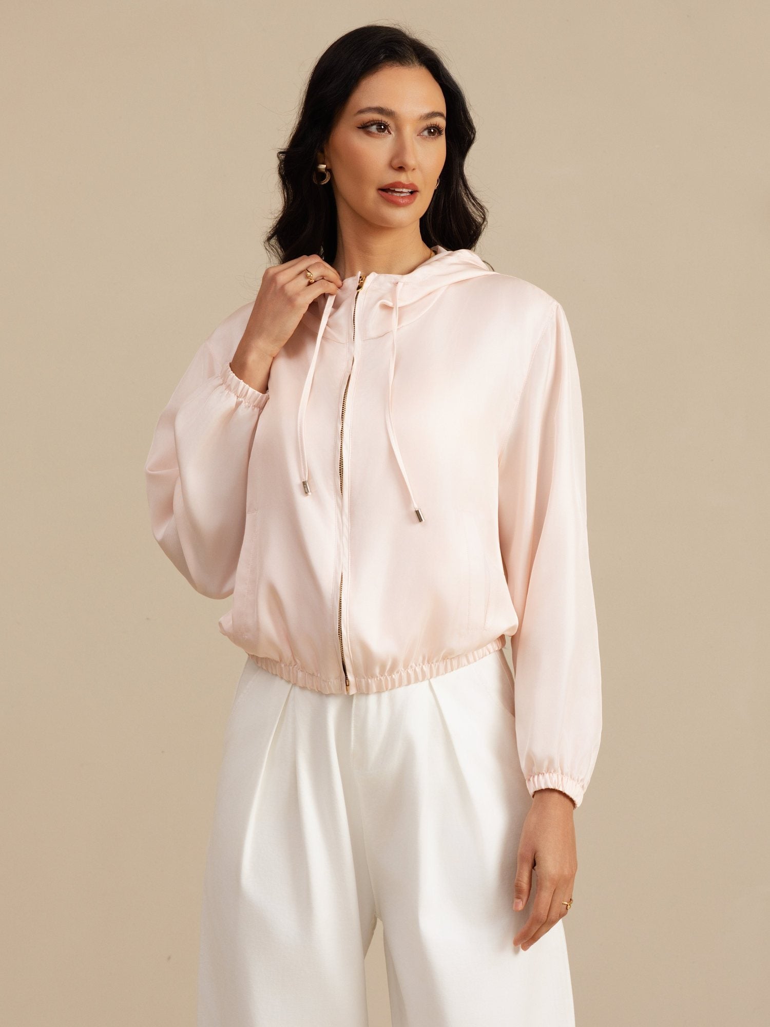 [Rosa] SilkSilky-NO 18Momme Langermet Ståkrave Yttertøy for Kvinner 004