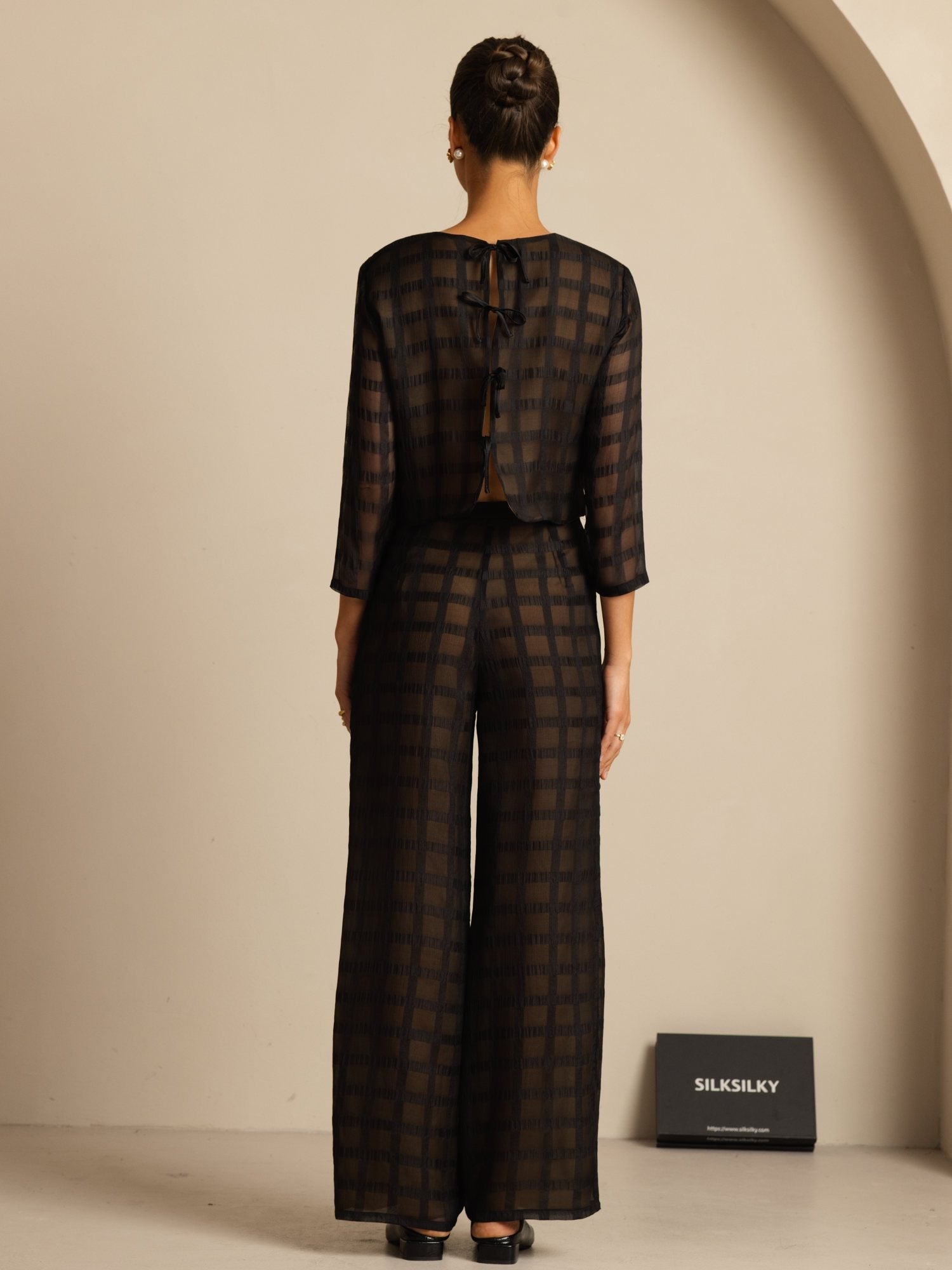 [Svart] SilkSilky-NO Ren Silke Langermet Rund Hals Women''s Outfit Sets 002