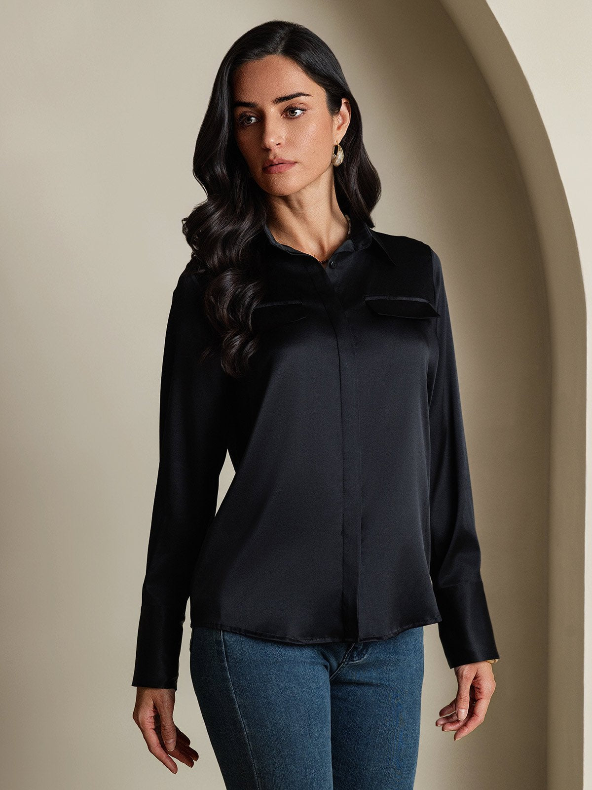 SilkSilky-NO 19Momme Silke Womens Shirt Svart 006