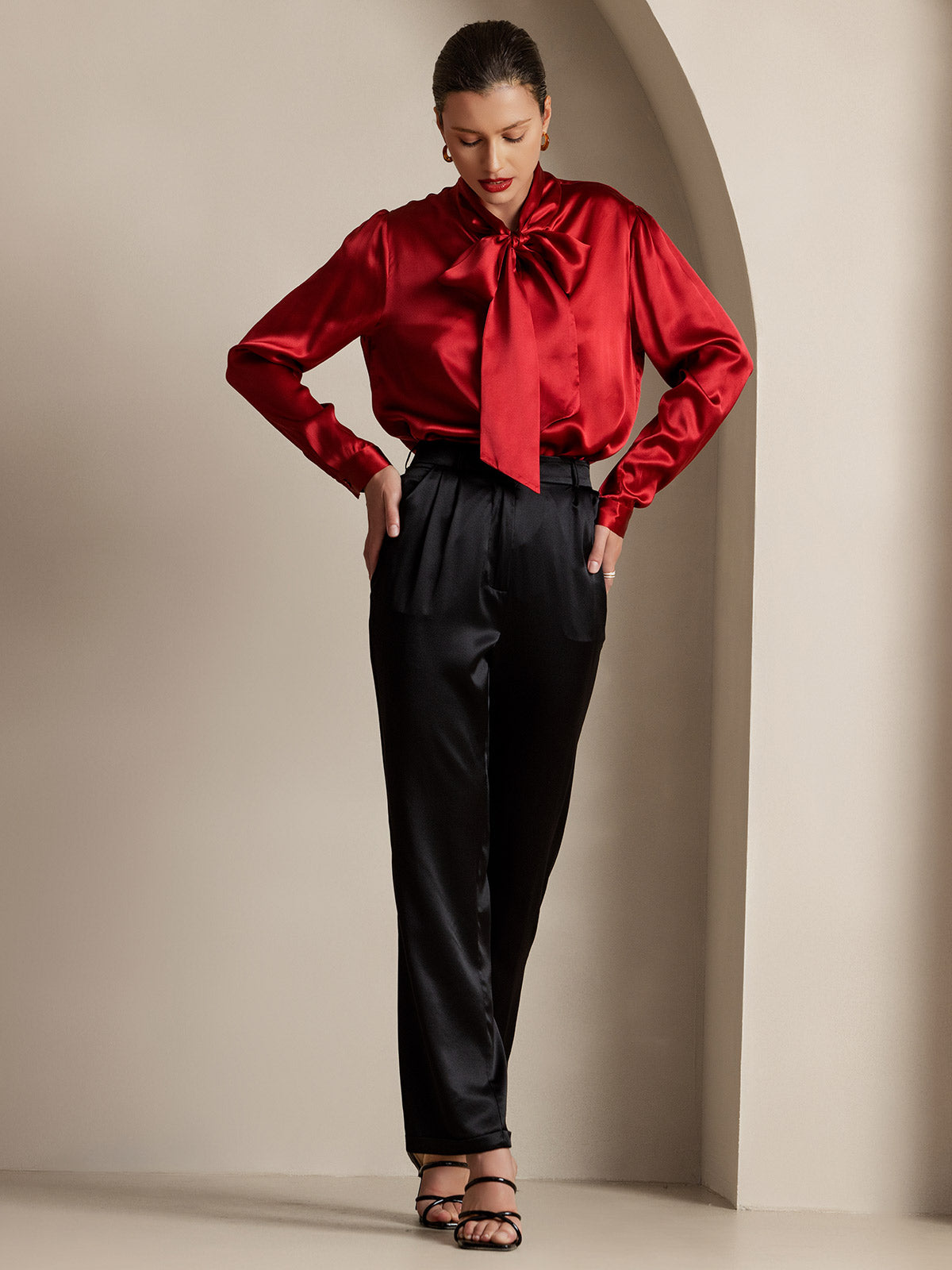 [Vin] SilkSilky-NO 19Momme Silke Long Sleeve Tie Neck Skjorte for Kvinner 007