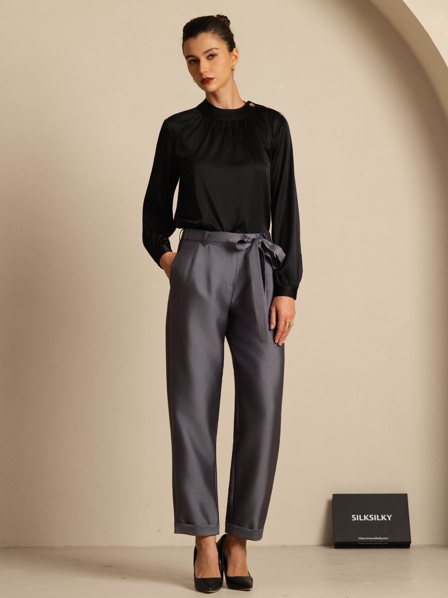 [Svart] SilkSilky-NO 19Momme Silke Langermet Rund Hals Bluse 006